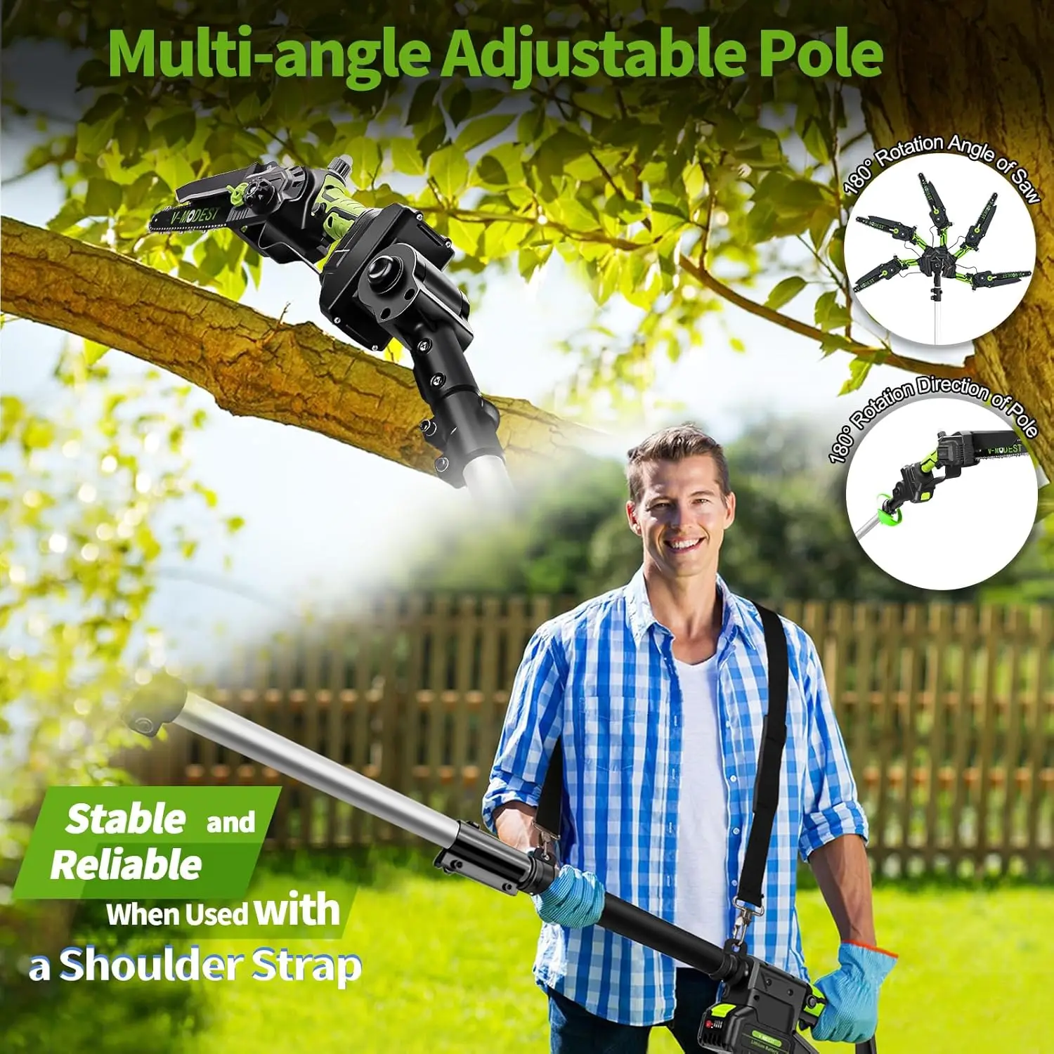 Serra de poste sem fio 2 em 1, 8 polegadas e 6 polegadas, 2*4.0Ah, serras de poste alimentadas por bateria para aparar árvores, pol rotativo elétrico sem escova