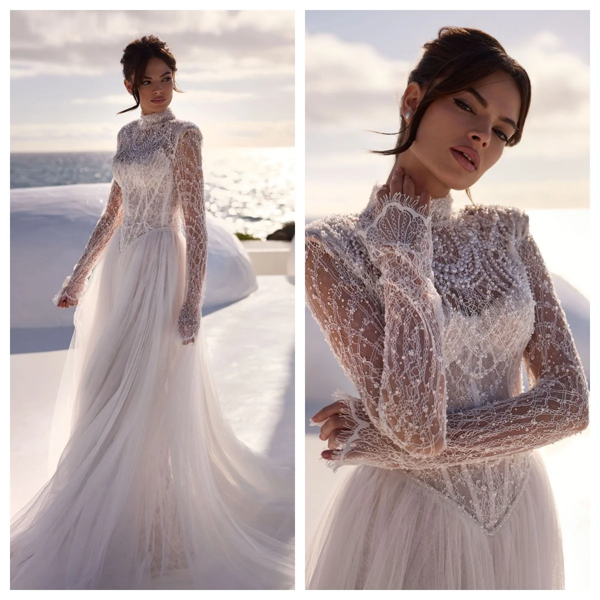Noble Champagne Mermaid Wedding Dresses Beading Pearls Lace Fishbone Brush Train Robe De Mariage Tulle Bridal Gown Customized