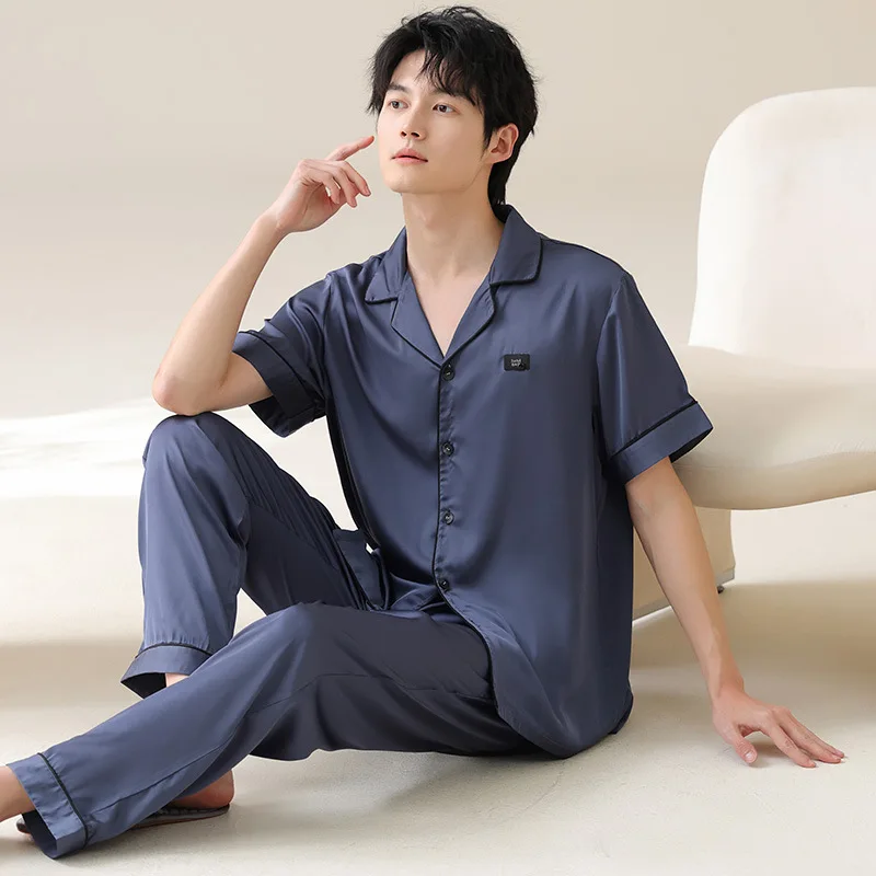 Summer Ice Silk Homewear Men's Cardigan Pajamas Set Short Sleeves Sleeping Top Long Pant Pijamas Hombre L-4XL Loungewear