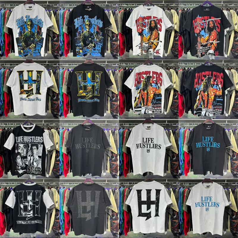 Multiple Style Life Hustlers T-shirt Real Photo Original Label Street Pop Retro Loose Hot Diamond Short Sleeve Top Tee Unisex