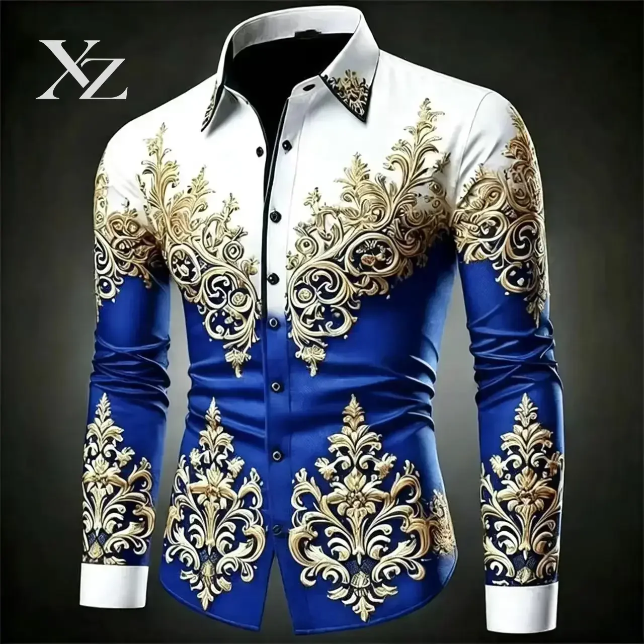 Hot Sale Men's Luxury Shirt with Retro 3D Floral Print, Long Sleeved Gold Pattern Buttons, Fashionable