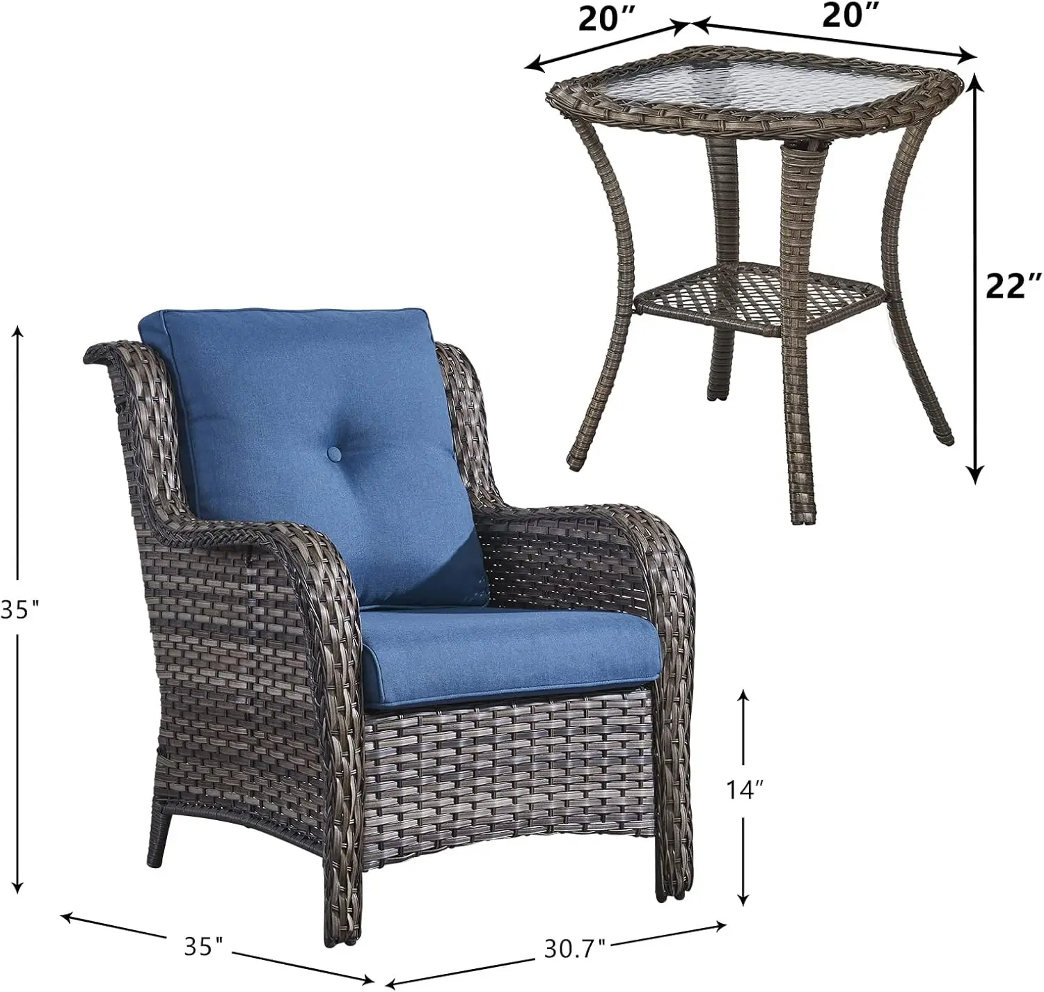 Patio Bistro Set Wicker Chairs - 3 Piece Outdoor Rattan Conversation Set With 2 Armrest Chair And 1 Side Table For Proch Deck