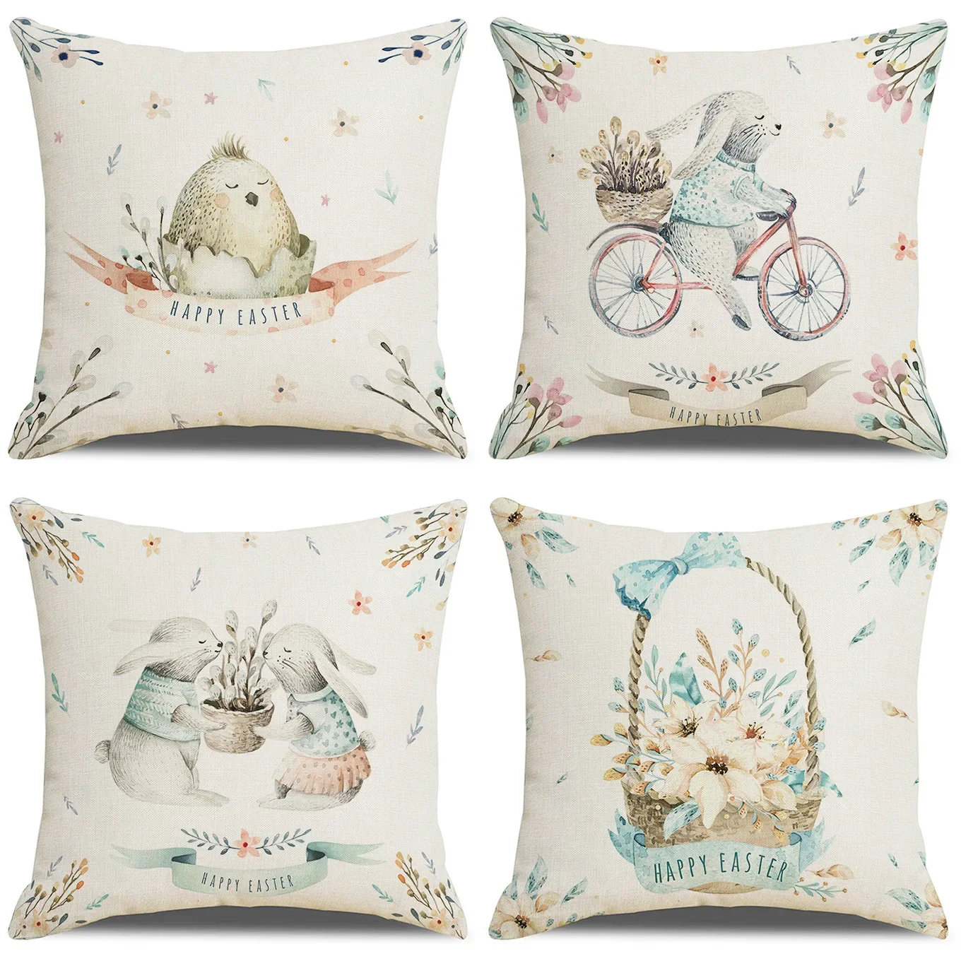 Wholesale New Easter Pillow Cover Cartoon Happy Egg Rabbit Flower Basket Linen Digital Printing Home