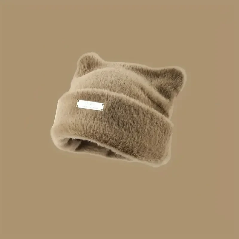 

Women Cute Cat Ears Hats 2025 New Korean Fashion Versatile Autumn Winter Plush Warm Caps Solid Color Minimalist Knitted Beanies