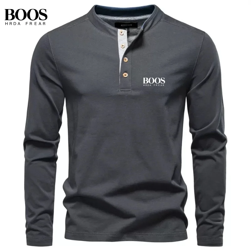 

Spring and Autumn men's high-quality long sleeved Henry collar polo shirt, new fashionable, casual, breathable and versatile top