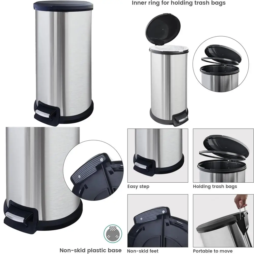 

Stainless Steel Hands-Free Trash Can, 10 Gallon Capacity, Tall Round Design, Liner-Free with Bag Holder, Rust-Resistant for Kitc