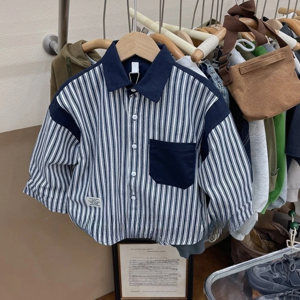 Boys Striped Color Block Long Sleeve Shirt Cotton Casual Button Up Outerwear Kids Korean Style Spring Autumn Tops