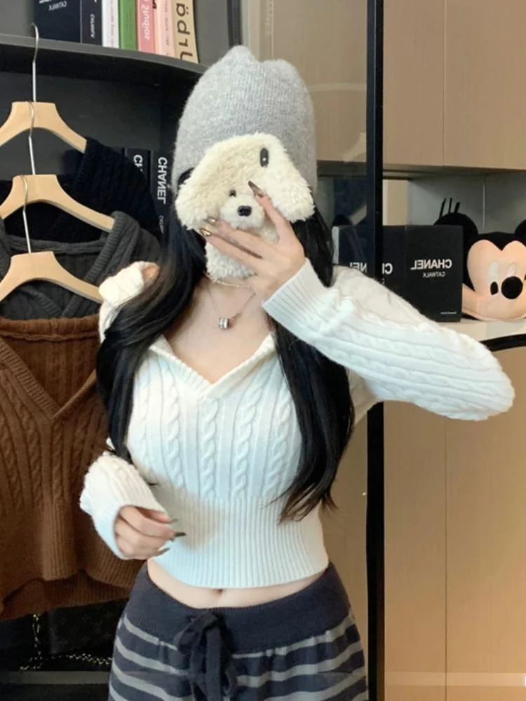 

Женский укороченный свитер-худи Pure Desire с V-образным вырезом, вязаный, с узором косы, с завышенной талией, для весны и осени, для повседневной носки