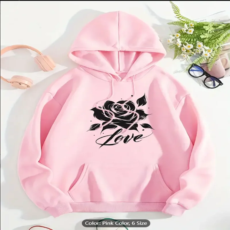 

Женская толстовка с принтом роз Love Script, повседневный свободный пуловер, толстовка с длинными рукавами и карманом-кенгуру из чистого хлопка, цветочный дизайн