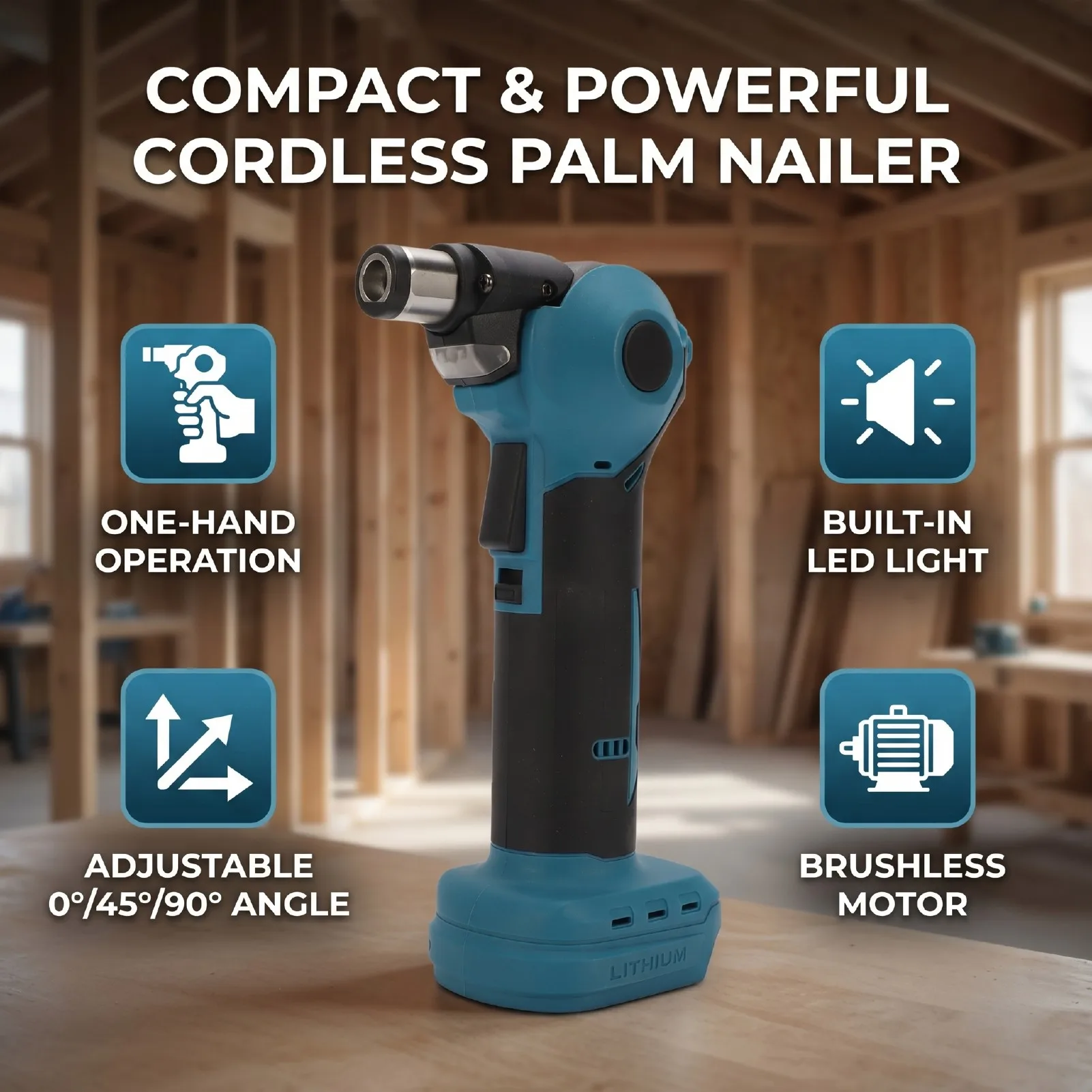 Palm Nailer with Built in LED Light Cordless Electric Framing Nail Gun 0° 45° 90° Adjustable for Joist Hanger Installation