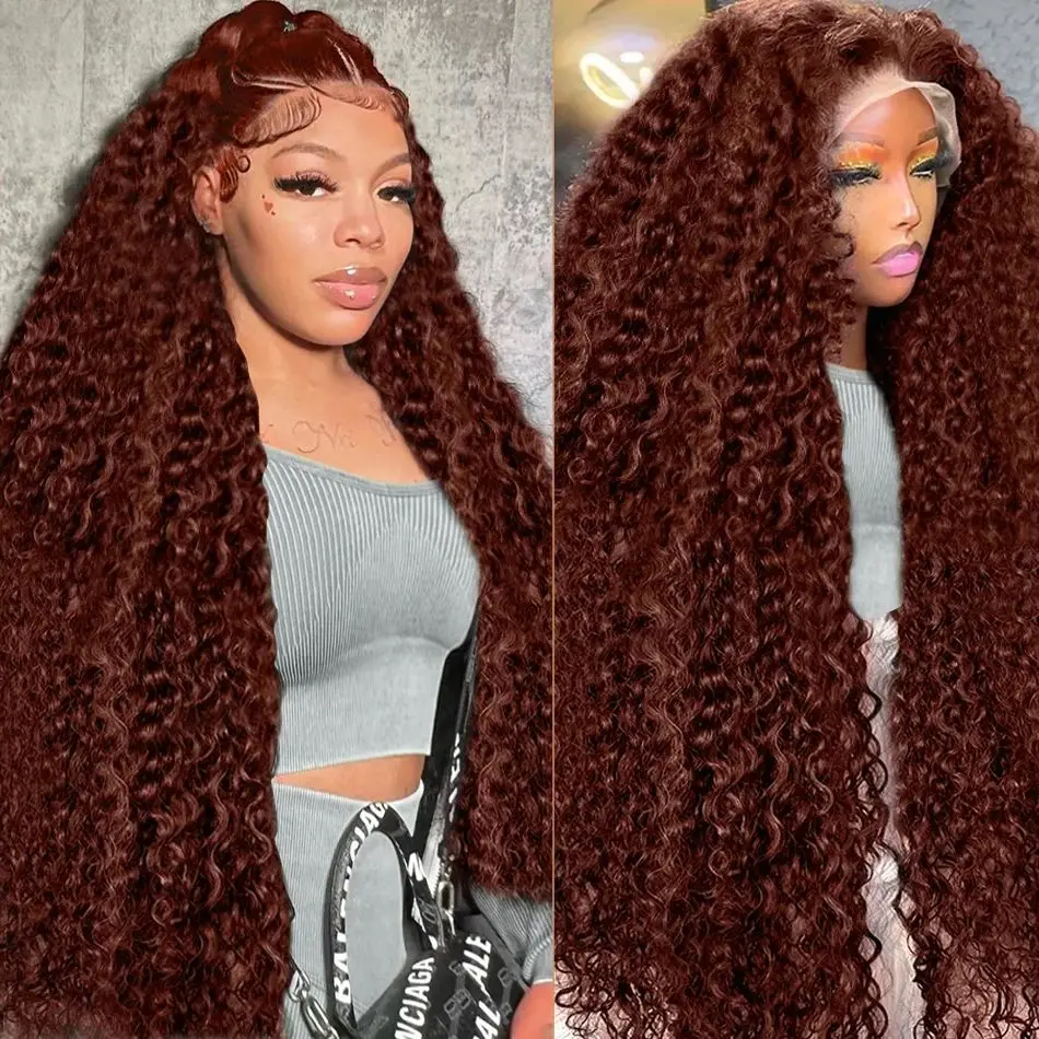 

200% Density 13x4 Reddish Brown Deep Wave Human Hair Wig 40 42 Inch 13x6 HD Lace Frontal Curly Wigs Pre Plucked For Black Women