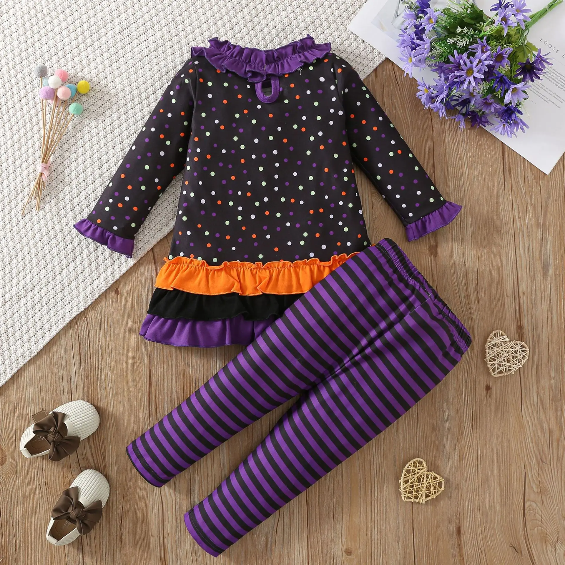 Halloween Girl Lace Top Baby Pumpkin Elf Print Long Sleeve T Shirt Pants Carnival Set Kids Family Party Celebration Costume 1-7Y