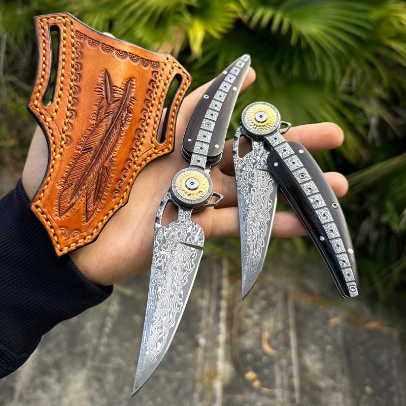 Imported forged Damascus steel folding knife Hand forged sharp pocket knife Outdoor camping hiking fishing portable EDC tools