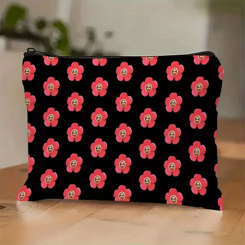 1 Piece of Red Floral Design Makeup Bag with Expressions - Multifunctional Zipper Pouch for Women, Perfect Travel Zipper Storage