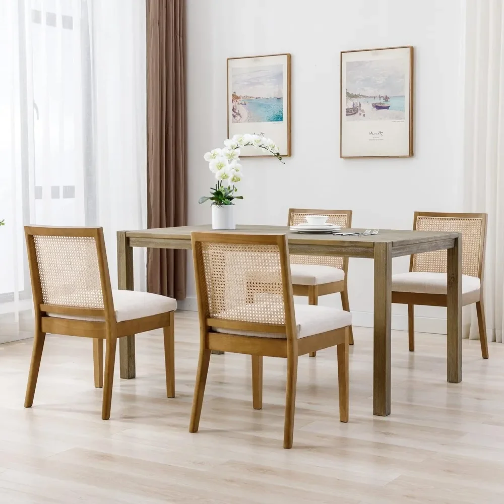 Natural Wooden Dining Room Chairs Rectangle Cane Country Kitchen Chairs Linen Upholstered