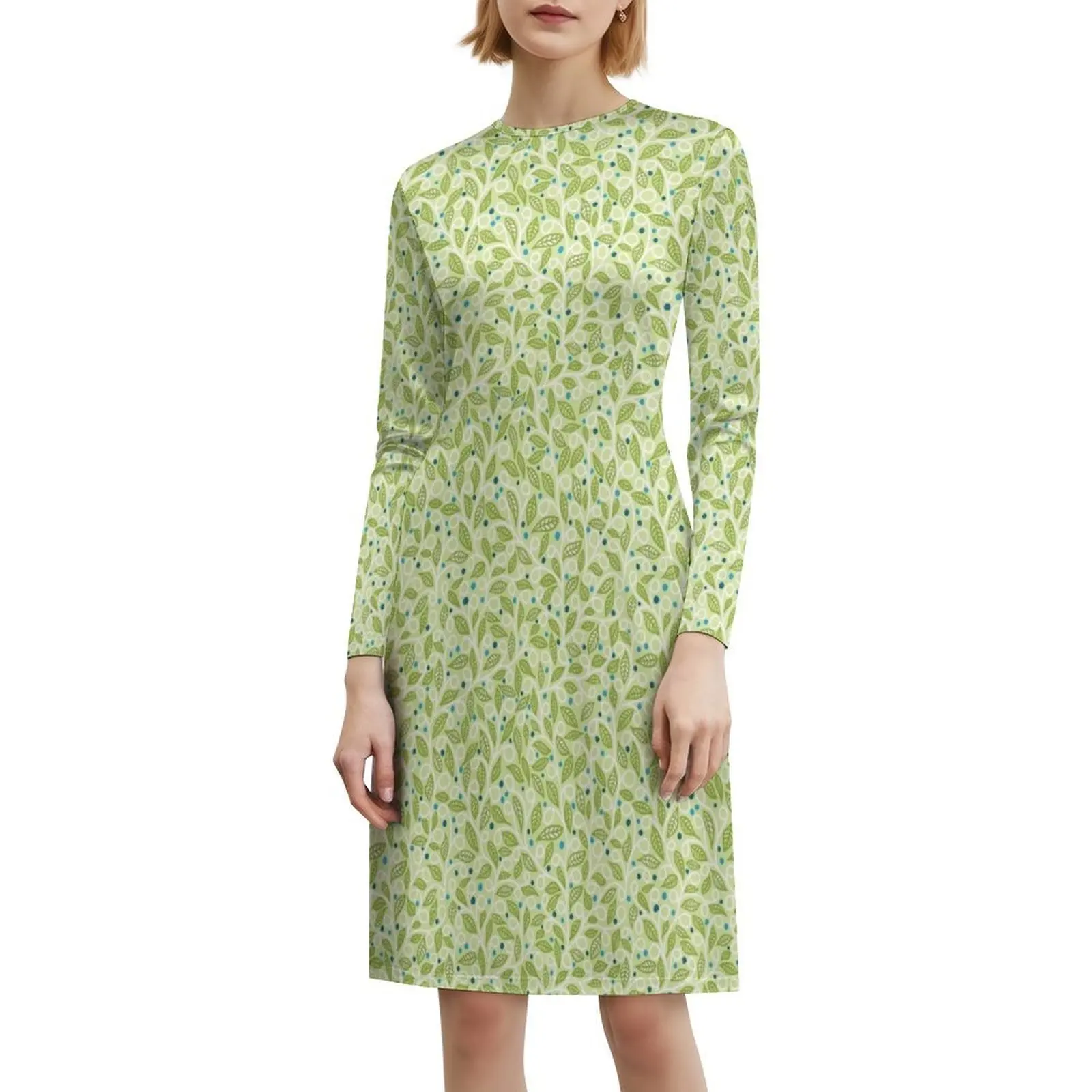 فستان كاجوال على الطراز الكوري بأوراق خضراء ربيعية للنساء فساتين مكتب يومية بسيطة للسيدات Ditsy زهور حديقة الزهور