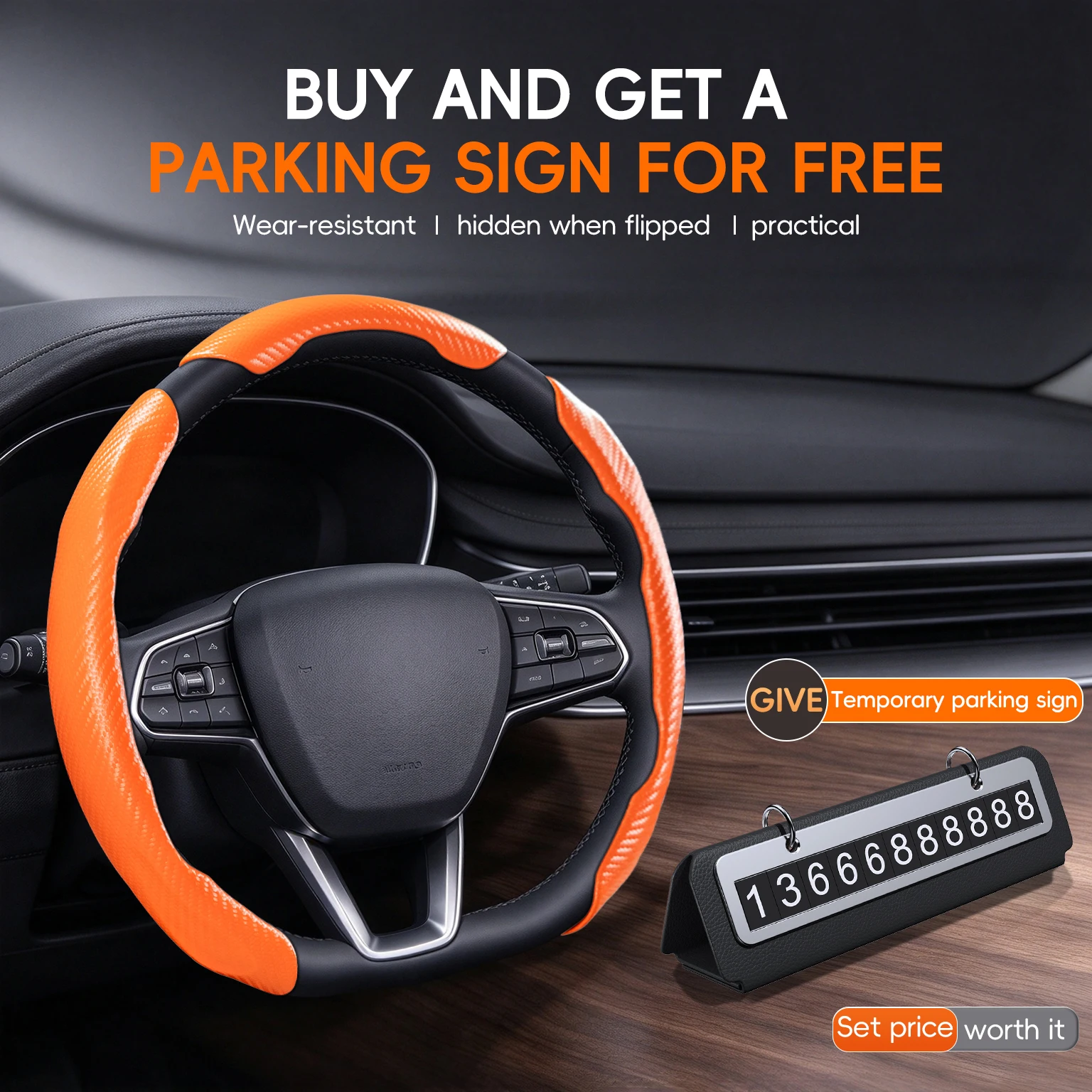 Segmented durable carbon fiber textured car steering wheel protector, with a complimentary temporary parking sign for the car