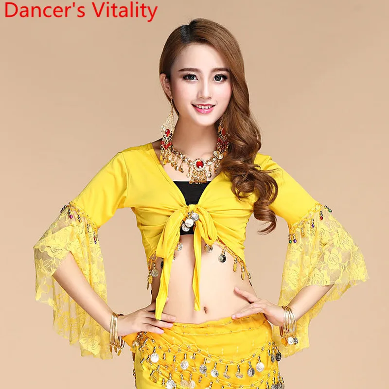 New Belly dance top Lace belly dance Flared Sleeve Cut out bandage top Oriental dance training top Indian dance Clothes costumes