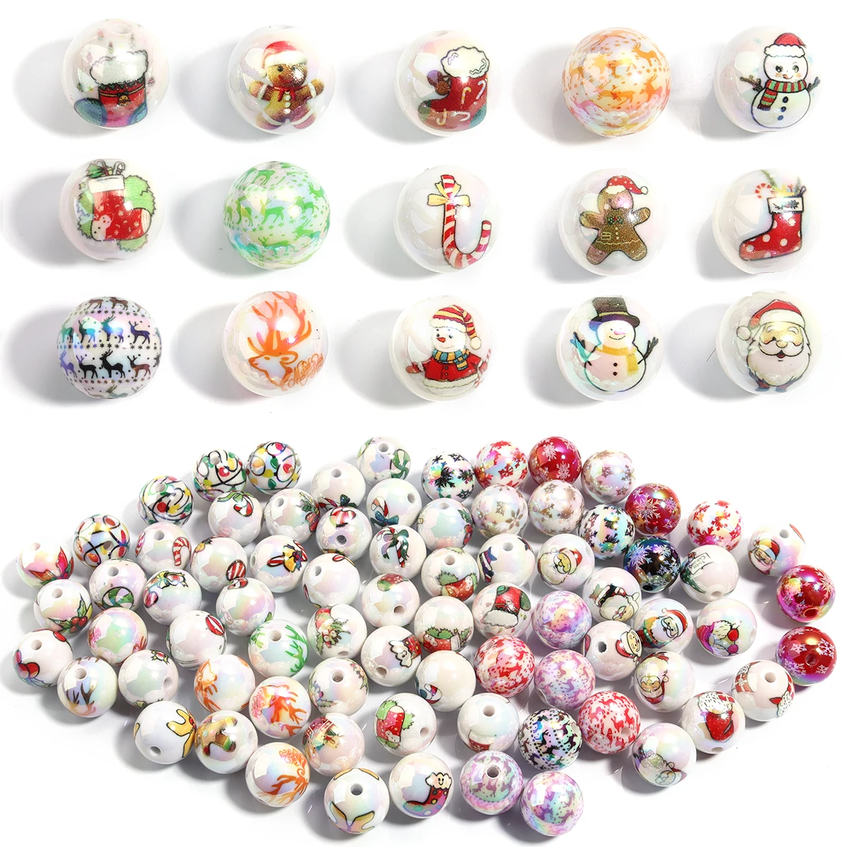 

10pcs/lot Acrylic Solid Color Plated Christmas Series Printed Beads Round Loose Beads DIY Jewelry Bracelet Pendant Accessories