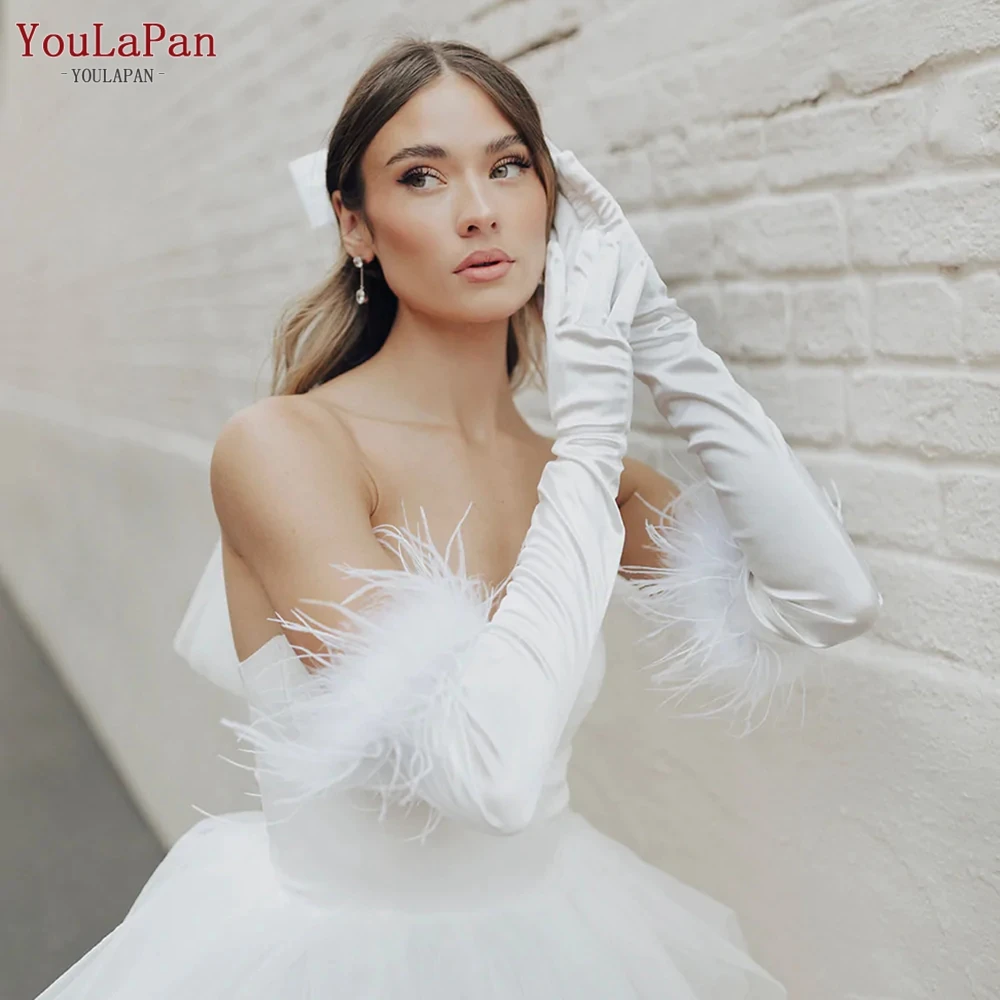 YouLaPan VM21 Bridal Gloves 1 Pair Winter Fur Warm Wedding Gloves Elbow-length Split-finger Taffeta DIY Gloves Accessories