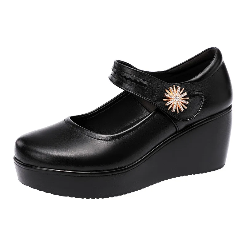 high quality leather wedge shoe for women 6cm mid heel platform round toe 32 33 42 43 elegant and fashion shoe black white