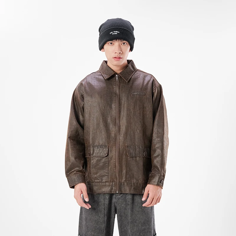 

American Vintage Fashion Waterproof Leather Jacket Men Spring Autumn Loose Casual Oil Wax Cloth Leather Cargo Jacket Coat