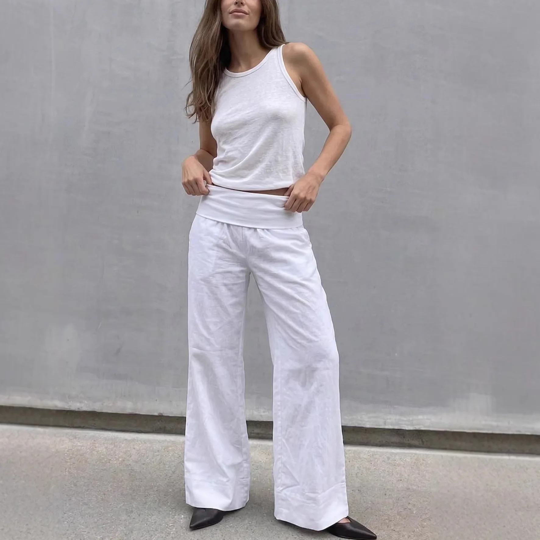 

High Waist Wide Leg Pants Simple Pure White Casual High Street Style Women's Summer 2026 Cotton Blend French Style Trousers
