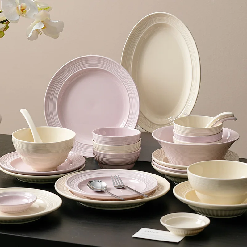 New Milk White & Pink Ceramic Plate Steak  Plates Bowl Dinner Dish Fish Plate Spoon Luxurious Porcelain Dinnerwar
