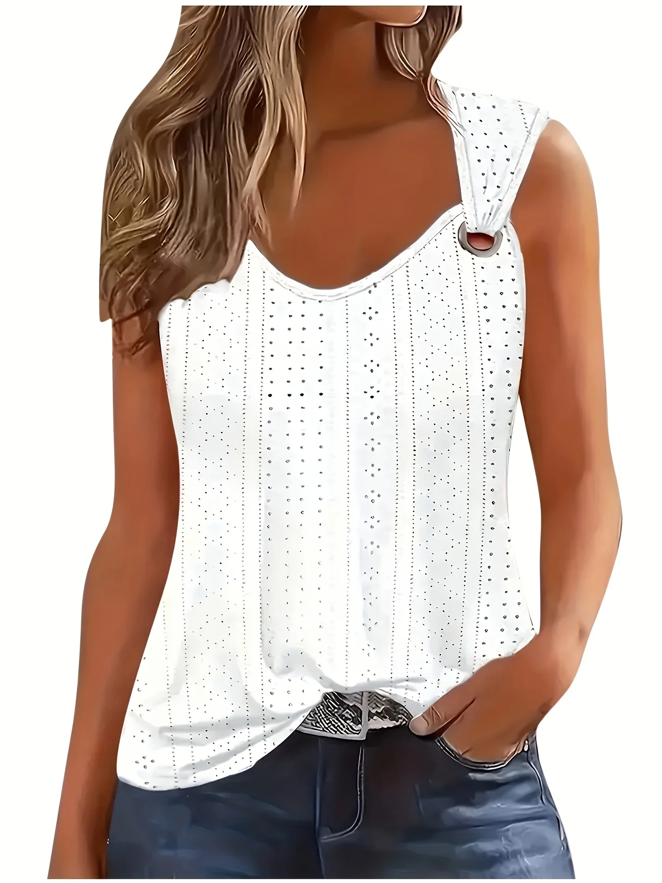 Women's Eyelet Embroidery Tank Top Symmetrical Straps with Buckle V Neck Casual Sleeveless Cami Tops