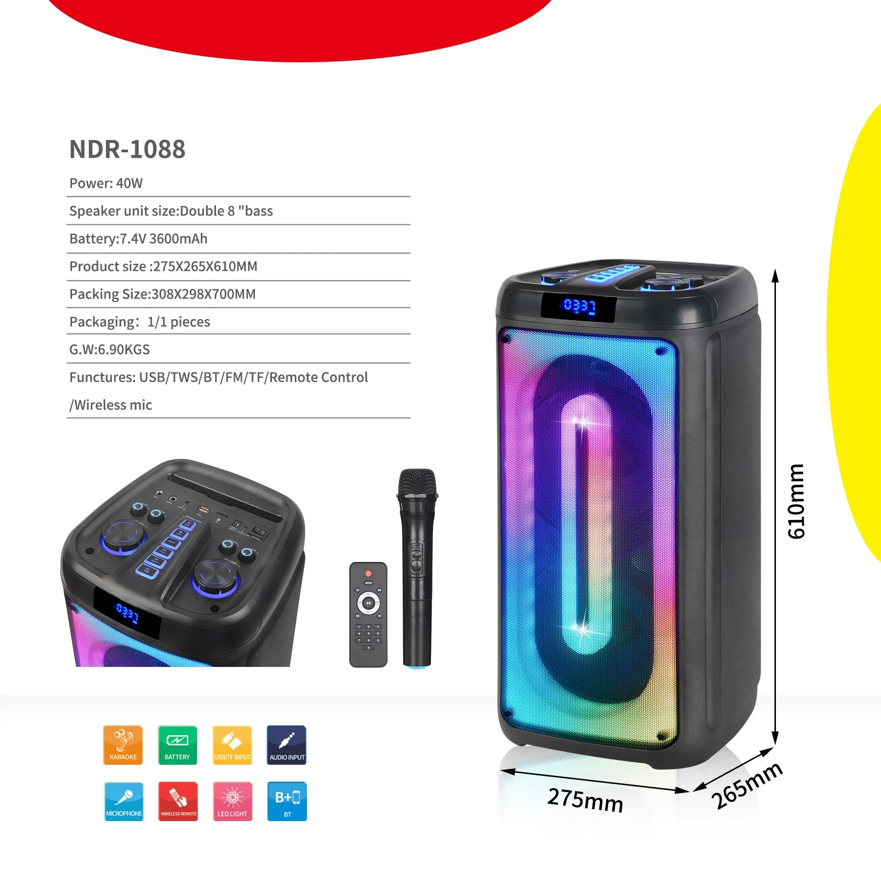 NDR 1088 OEM Party Box with JBLs Big Power Audio Trolley Speakers Bluetooth Karaoke Microphone for Mobile Phone Fashionable Use