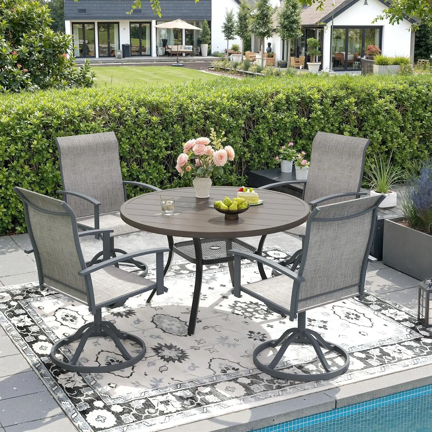 

5 Pieces Outdoor Dining Set for 4, 40.6" Grey Wood-Like Round Metal Table with Umbrella Hole and Grey Textilene, Customized