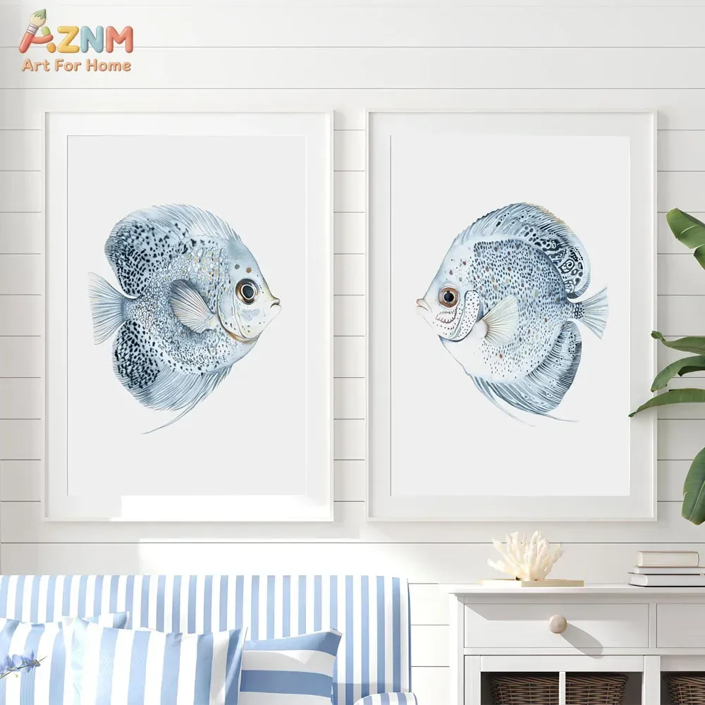 AZNM Watercolor Blue Discus Fish Canvas Wall Art, Tropical Sea Fish Print, Minimalist Nautical Coastal Poster for Beach House Li