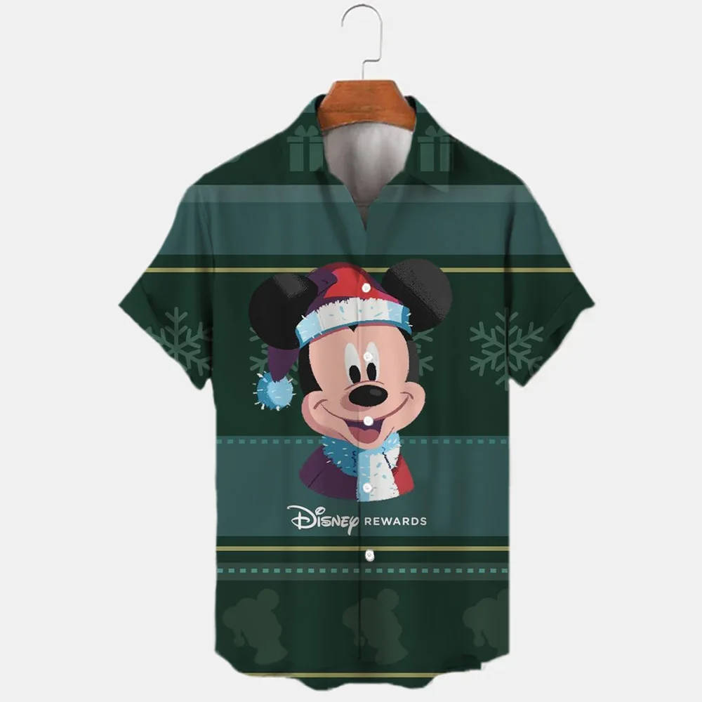 New Christmas Disney Brand Donald Duck Stitch And Mickey Anime 3D Printed Men's Lapel Short Sleeve Shirt Harajuku Style Slim Top