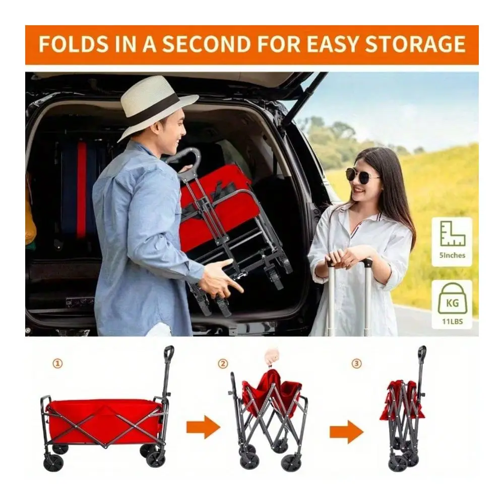

Duty AllTerrain Red Foldable Wagon, Stainless Steel Frame With 600D Oxford Fabric Material, Portable Multifunctional Camping Ga