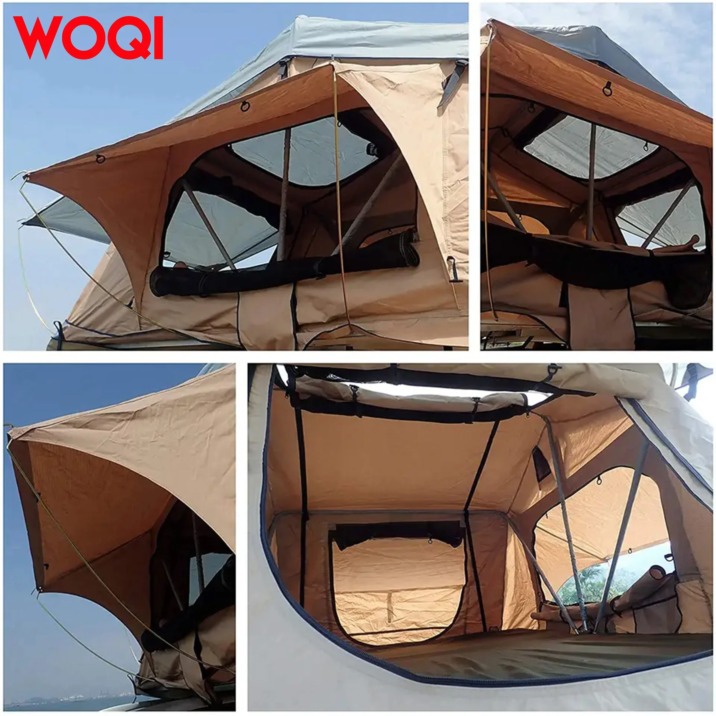 WOQI 2-3 Person Outdoor Folding Camping Truck Rooftop Sunroof Rooftop Tent with Skyline Rainfly and Ladder