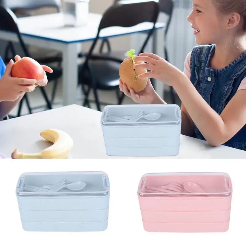 Portable Three-Layer Lunch Box Lunch Box Stackable 3 Layers Wheat Lunch Containers Reusable Leakproof Prep Containers With