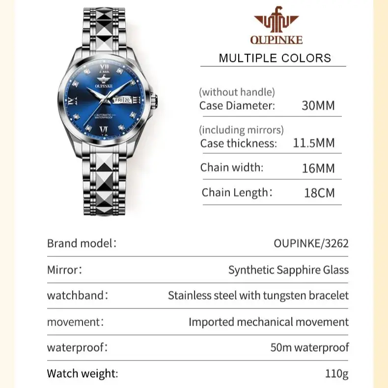 OUPINKE 3262 Elegant Women's Watch Luxury Brand Exquisite Diamond Automatic Mechanical Watch Calendar Week Dress Women's Watch