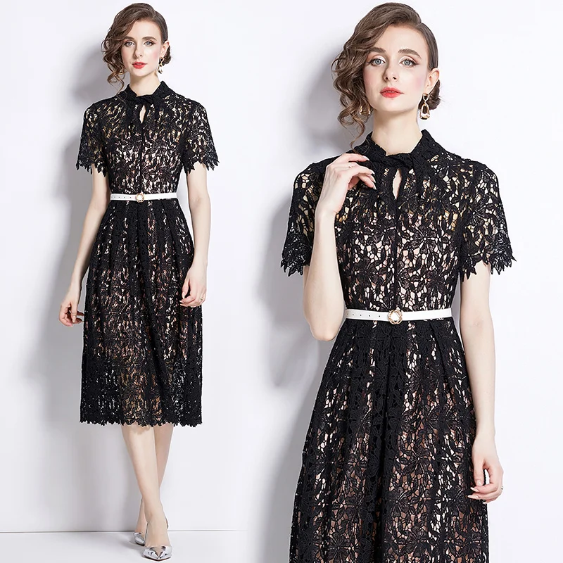 

2024 High-end Summer New Fashion Niche Retro Lace Dress Stand Collar Embroidery Waist Cinched Thin Temperament Skirt