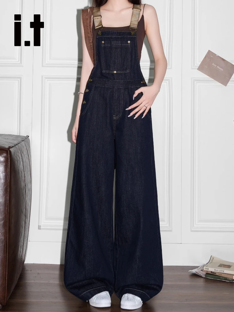 

ItCHOCOOLATE винтажные темно-синие широкие джинсовые комбинезоны женские свободные облегающие молодежные цельные брюки с высокой талией