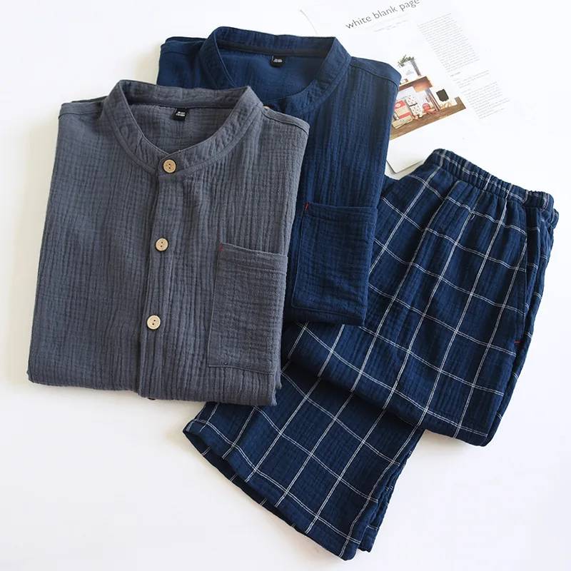 Couple Plaid Double Yarn Cotton Pajamas Washed Crepe Loungewear Long-sleeved Cardigan Trousers Sleepwear Women & Men Loungewear