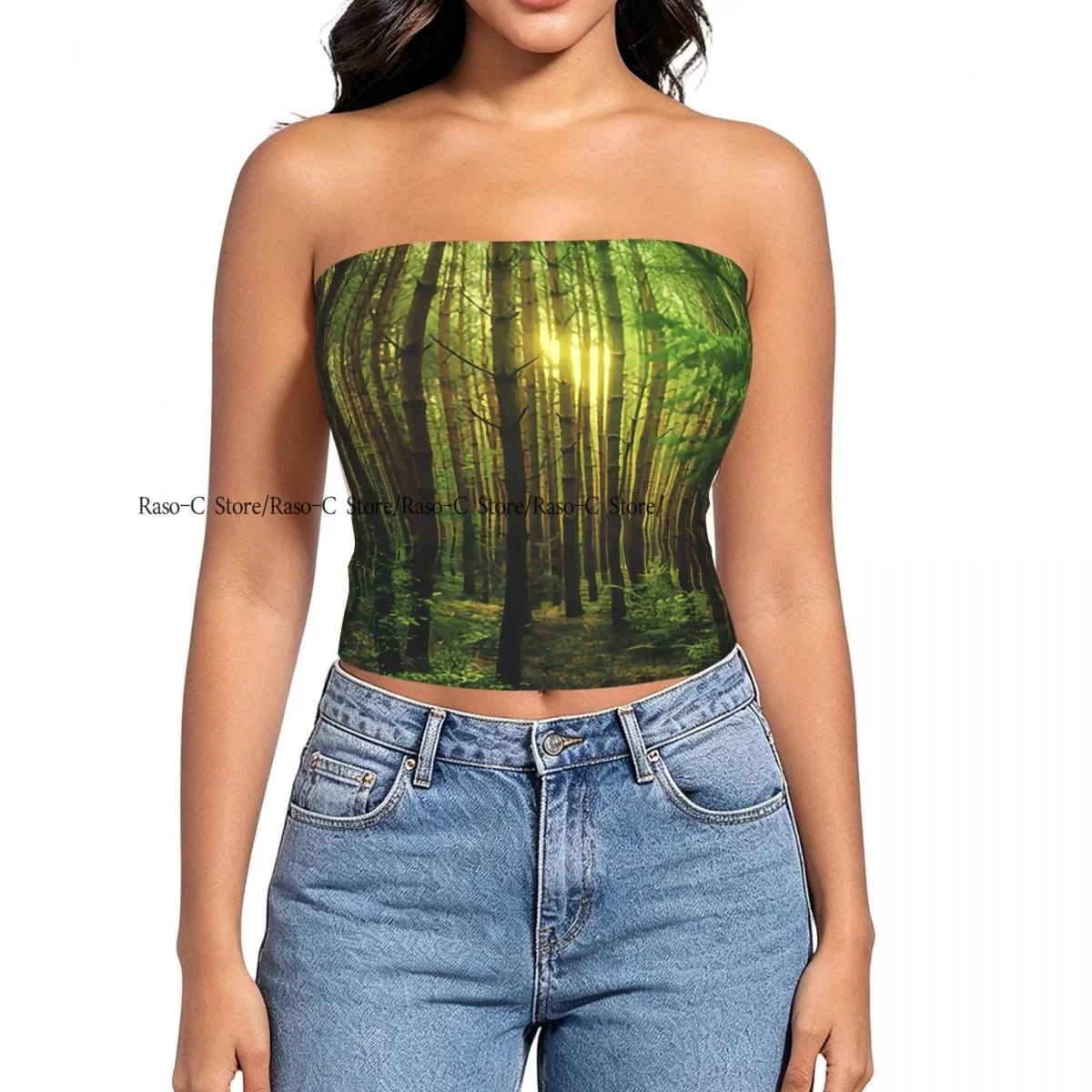 Women's strapless halter top Magic Sun Light In The Forest Nature Background summer sexy short-sleeved top