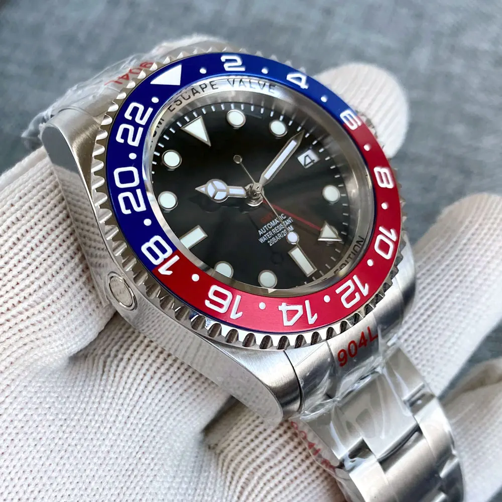 43mm Tandorio GMT NH34A Men\'s Mechanical Sea Watch Helium Device 10BAR Waterproof Luminous Dial 120 Clicks Pepsi Rotating Bezel