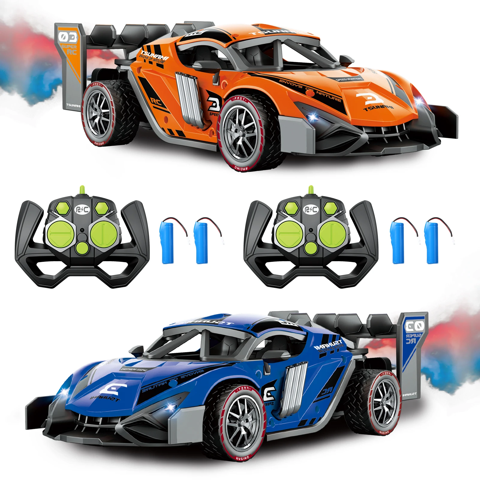 2 Pack Remote Control Drift Car with Spray and Light,Fog Mist High Speed Racing Cars,2.4GHZ 4WD Off Road Toy Vehicle for Adults