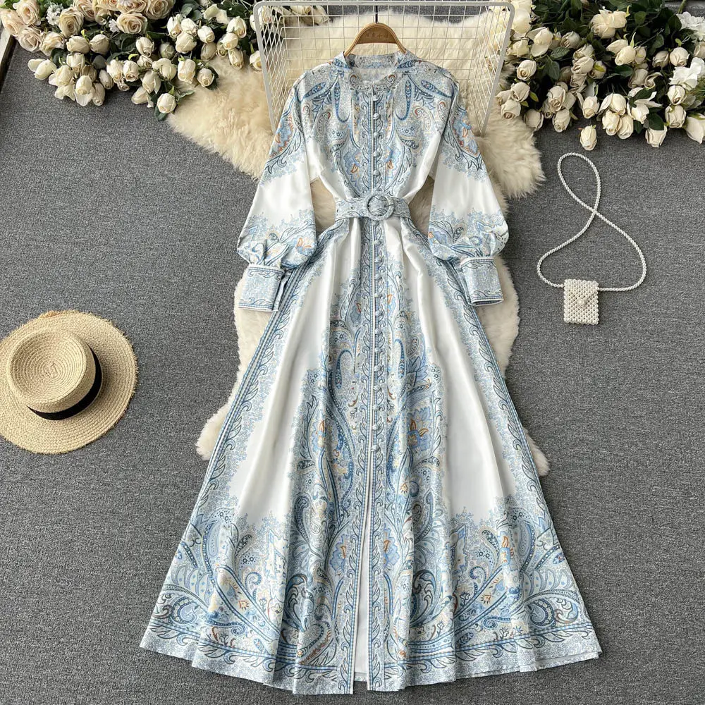 Retro Court Sle Floral Print Long Dr Women's Single Button Lantern Sve Empire Waist A-Line Knee-Length Dr