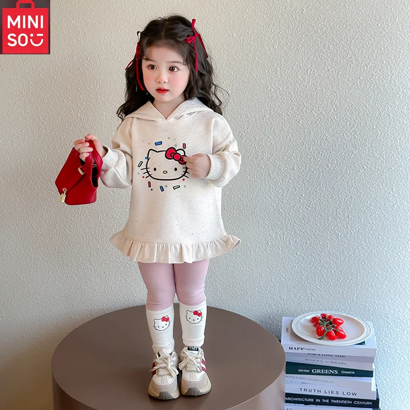 

MINISO 2025 Одежда для девочек, осенняя детская спортивная одежда, пуловер, милый топ и леггинсы Hello Kitty, брюки, комплект из 2 предметов