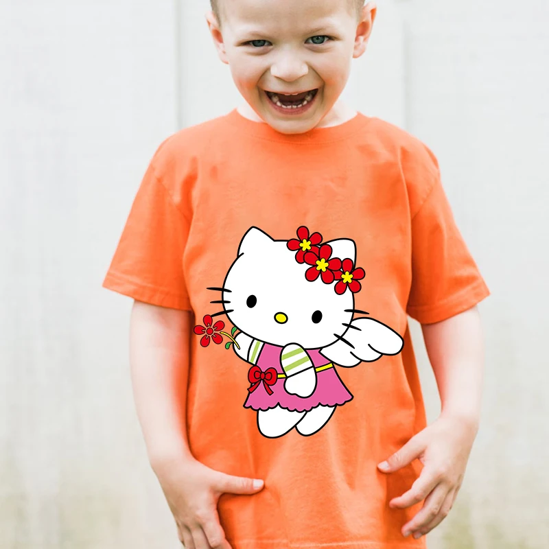 

HeIIoKitty printed kids T-shirt Summer children's cotton short-sleeved orange casual tops suitable for boys and girls