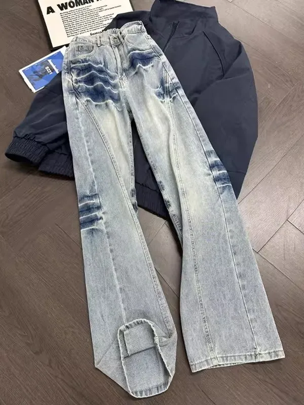 

Мужские джинсы Blue adient Lightning Pattern в американском стиле High Street, слегка расклешенные, прямого кроя, с эффектом потертости