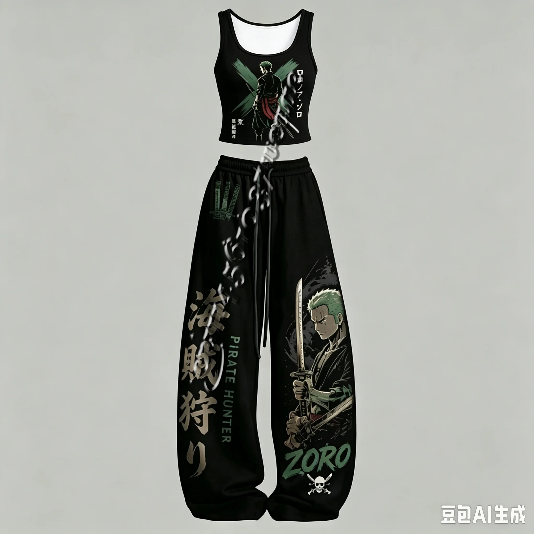 Neues One Piece Luffy Gear5 Zoro Serie Anime-Charakter Tanktop und Weite Hose Set, Unisex Anime-Outfit für die Familie – Detail 8