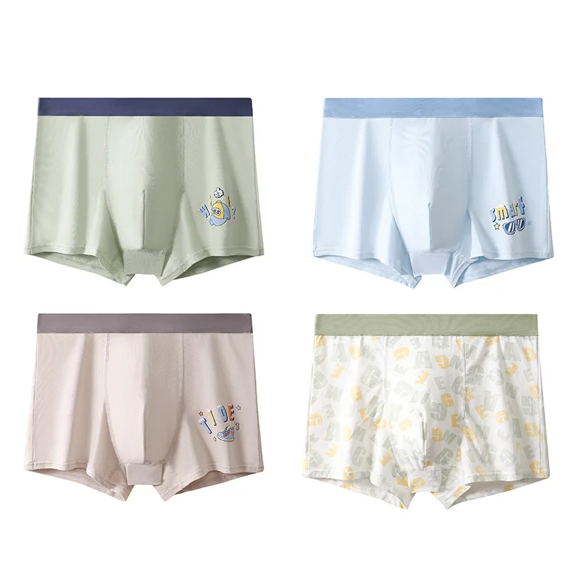 

4pcs Pure Cotton Boys Breathable Boxers Childrens Cozy Comfy Panties Kids Cartoon Underwear Teenagers Knickers Mid Student Panty