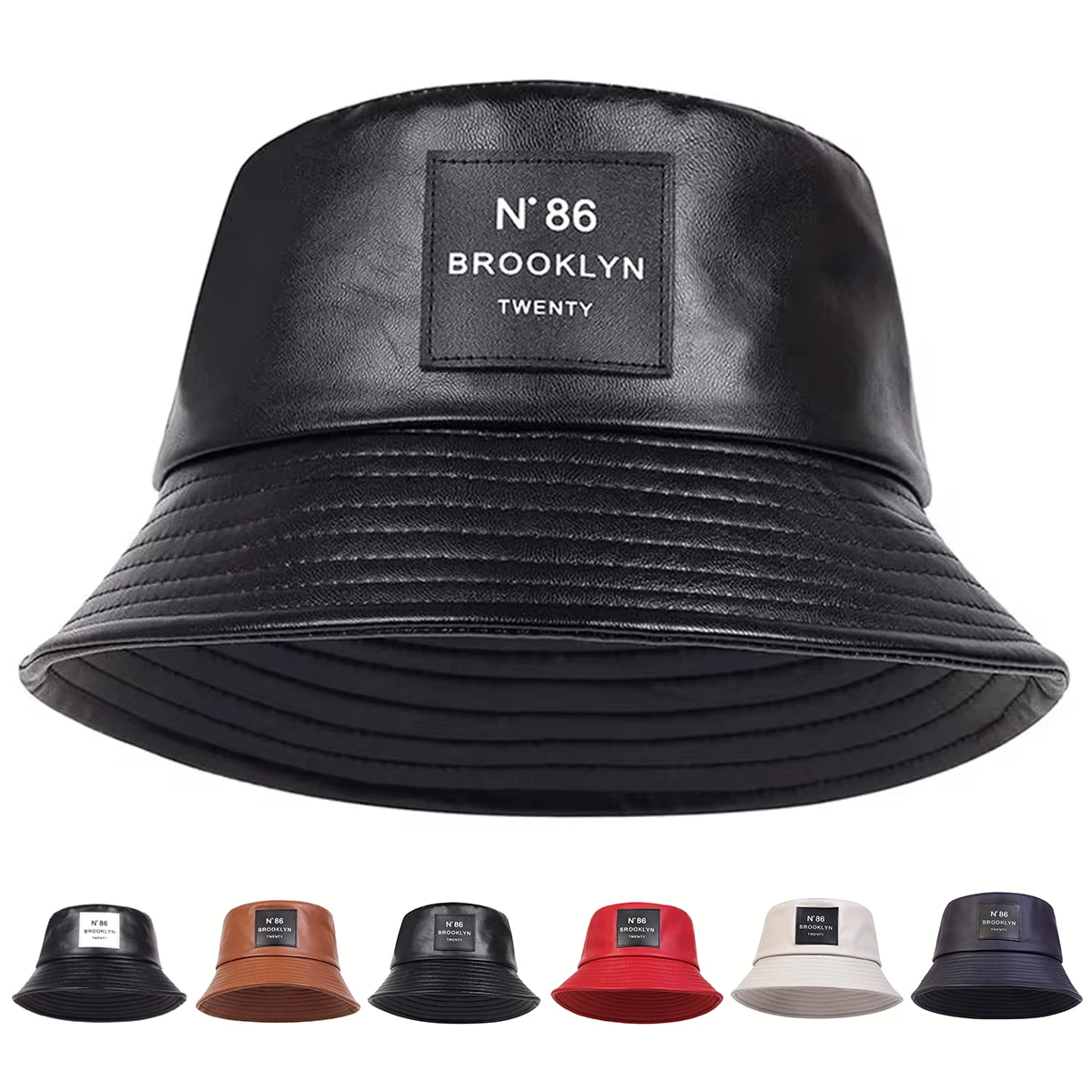 Unisex N86 Label Personality Pu Leather Bucket Hats Fishermen Caps Outdoor Casual Cap Sunscreen Hat